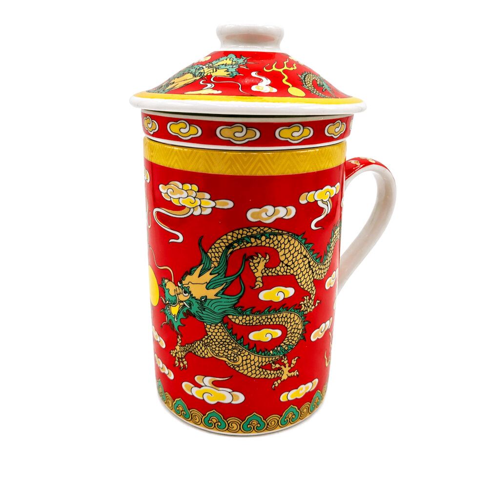 Taza Ceramica Con Filtro Oriental Dragones Fortuna Cielo Nubes 3pza